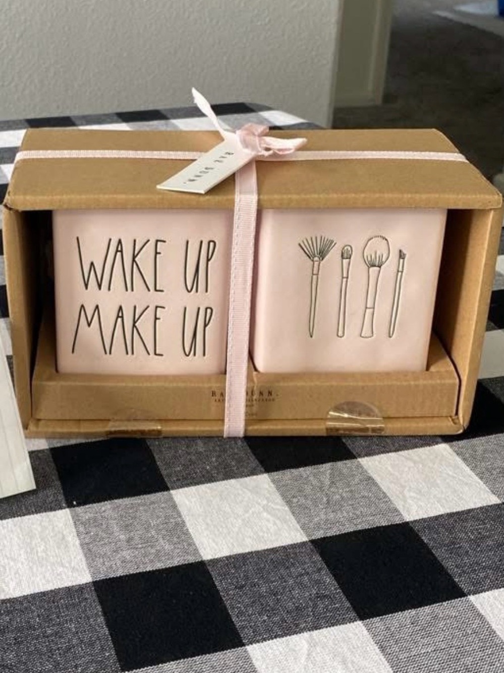 Rae Dunn Pink 'Wake Up Make Up' Ceramic Makeup Brush Holder Set